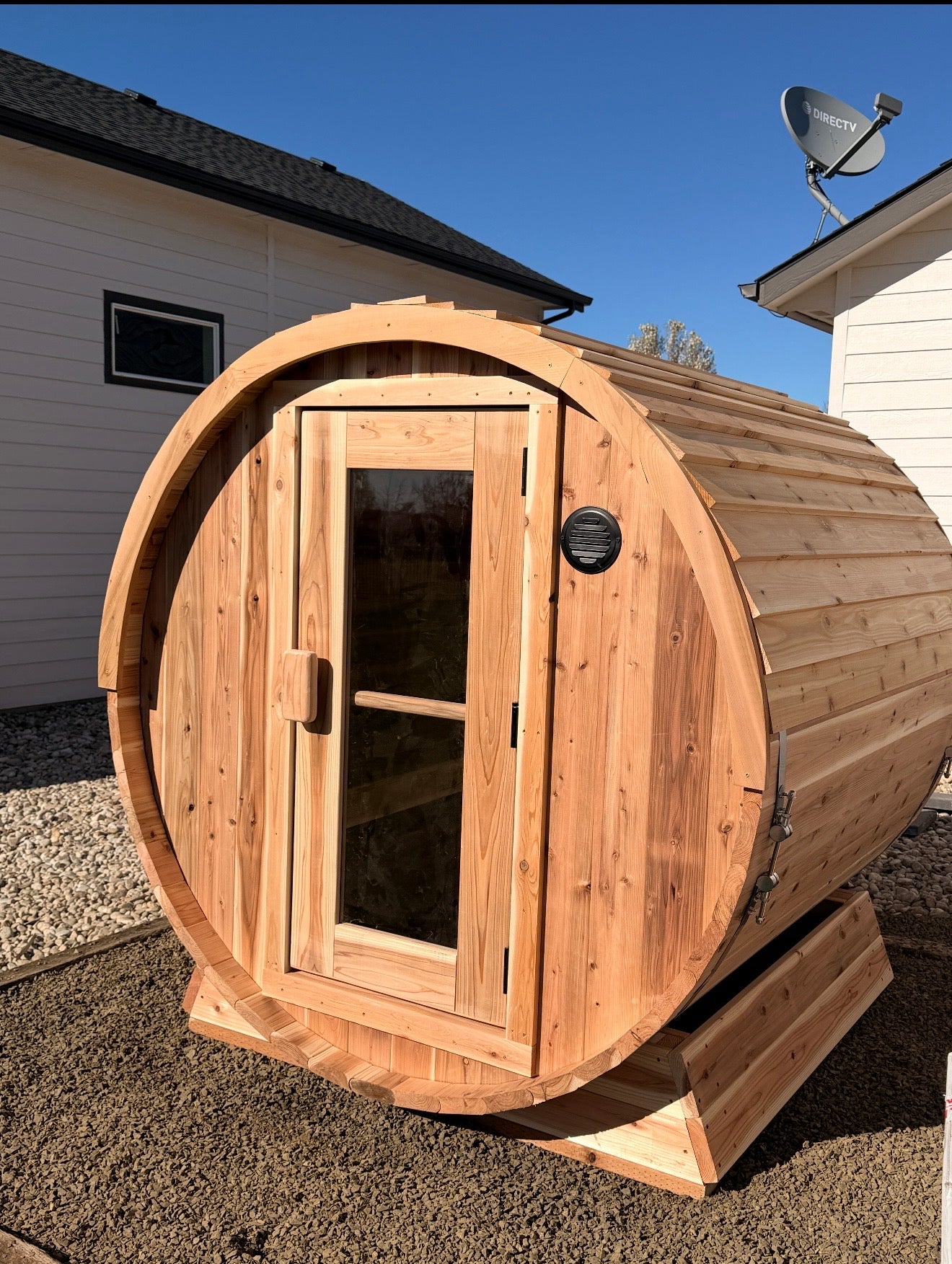 The Ouray cedar barrel sauna, front view
