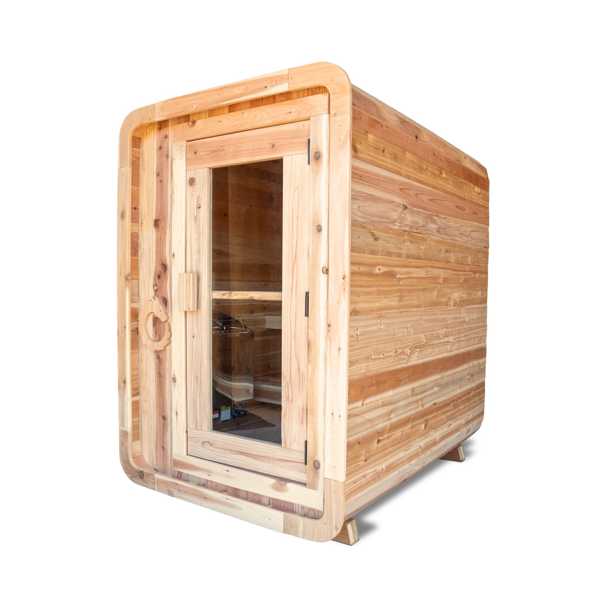 The Crestone 2-person cedar sauna, studio three-quarter view