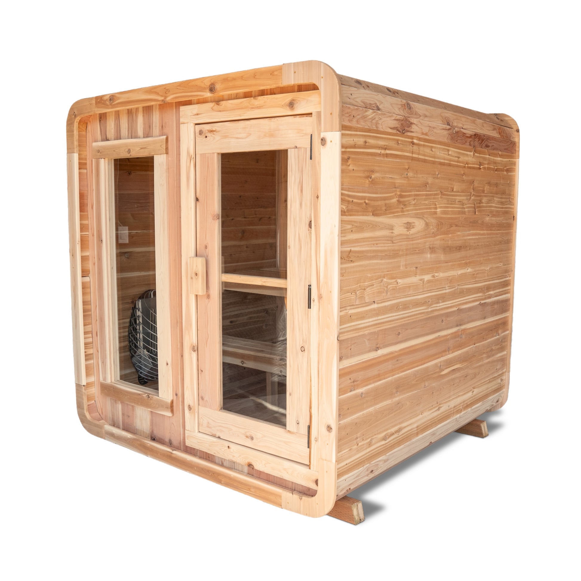 The Maroon 4-person cedar sauna, studio exterior
